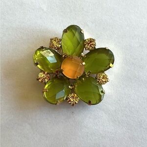 Vintage Green and Orange Carved Cabochon Floral Brooch